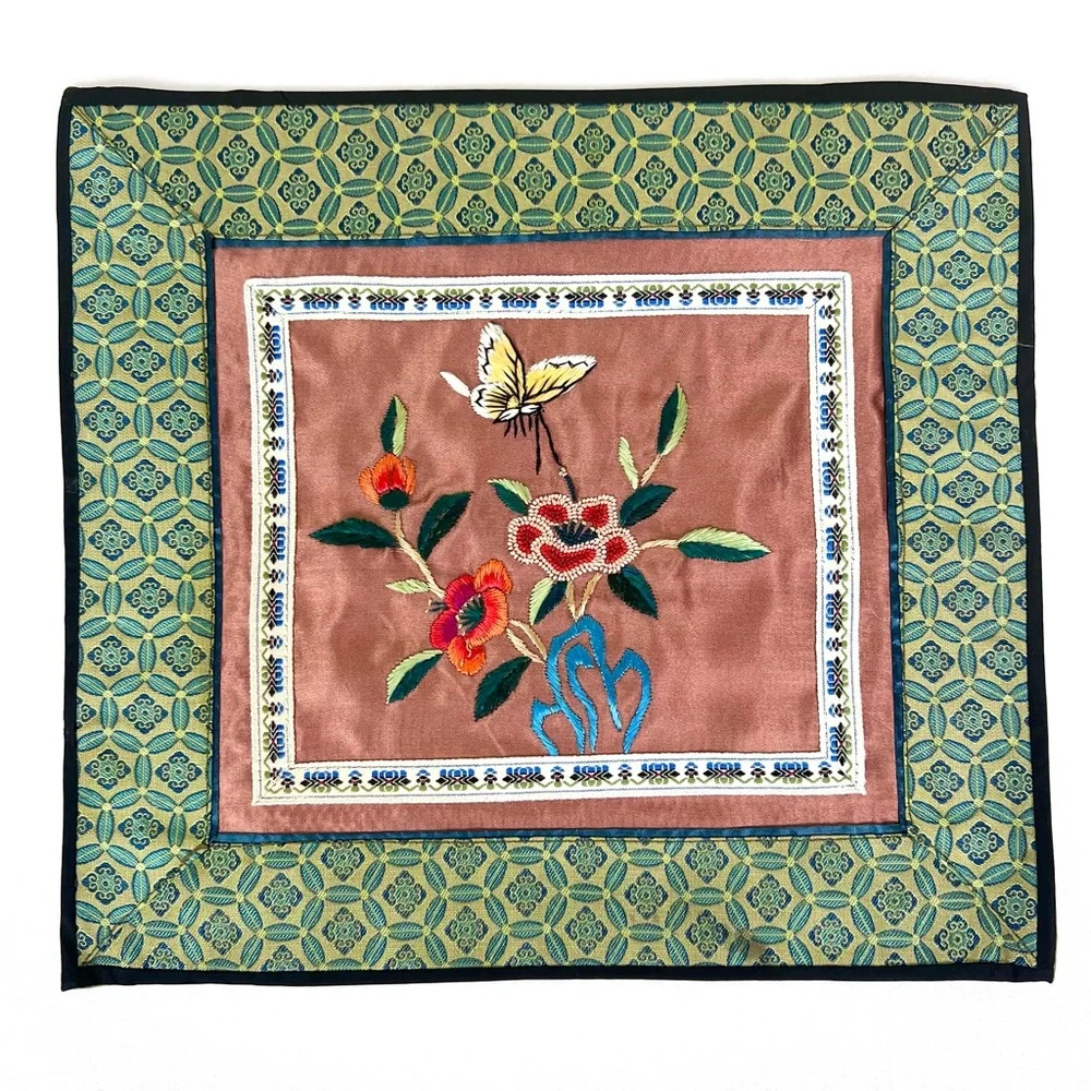 Vintage Chinese Silk Embroidered Floral Butterfly Panel
